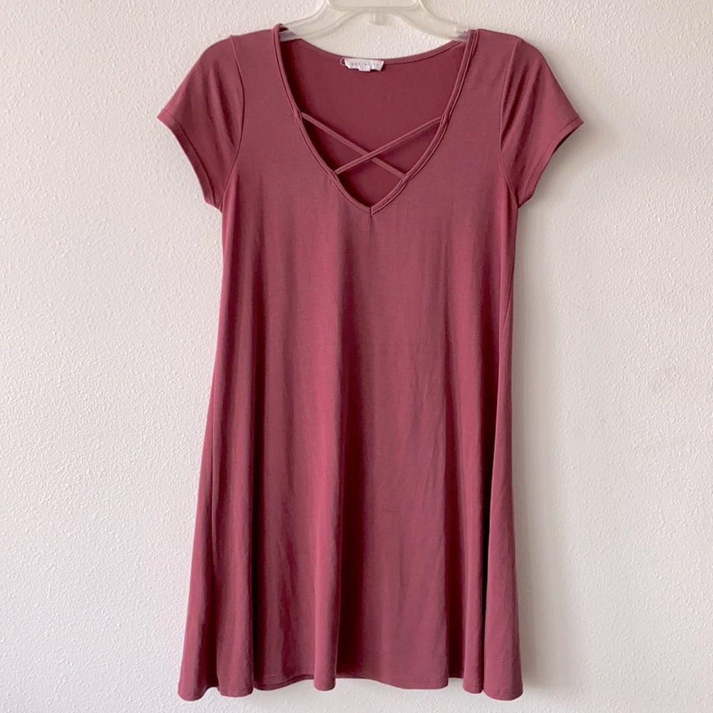 Casual plum dress with cross cross front detail